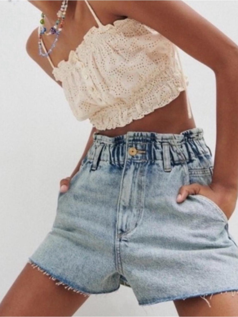 Zara Paperbag Denim Shorts Light Blue High Rise Elastic Waist Pockets Size 2